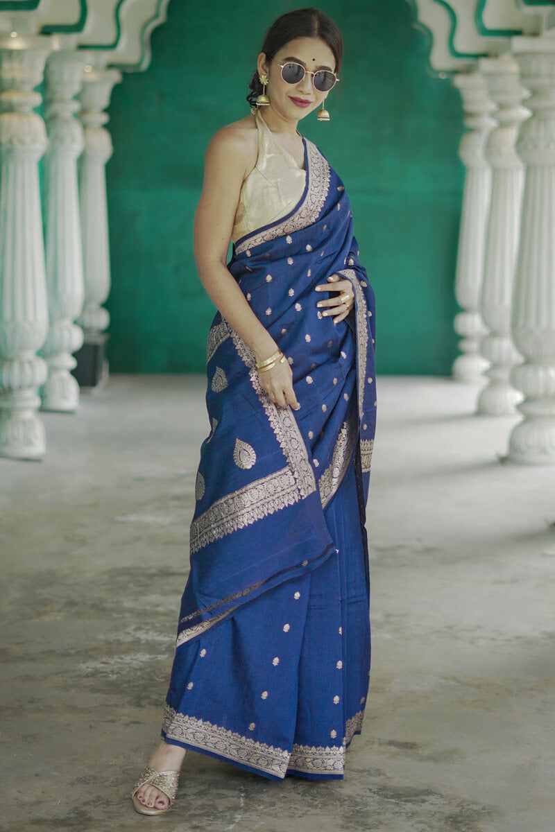 Vivacious Blue Linen Silk Saree With Captivating Blouse Piece