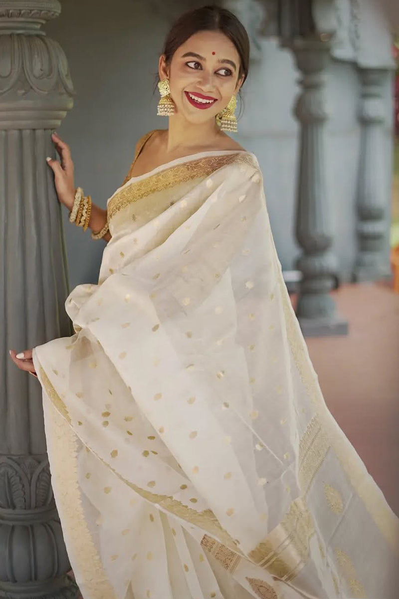 Smart Off White Linen Silk Saree With Hypnotic Blouse Piece