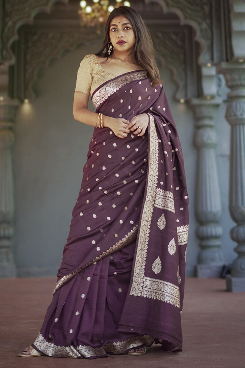 Divine Wine Linen Silk Saree With Prominent Blouse Piece