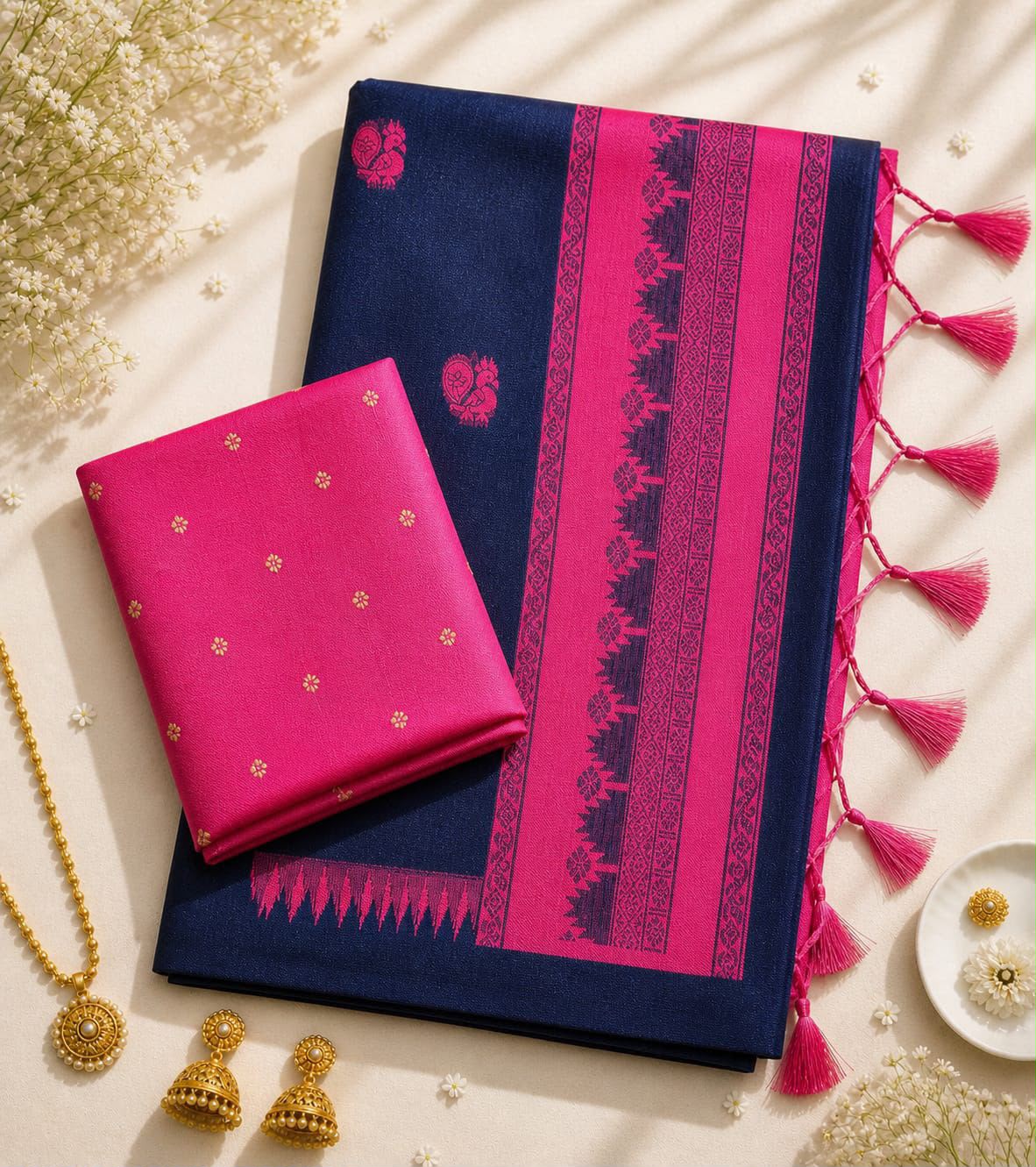 Chatoyant Navy Blue Cotton Silk Saree With Ornate Blouse Piece