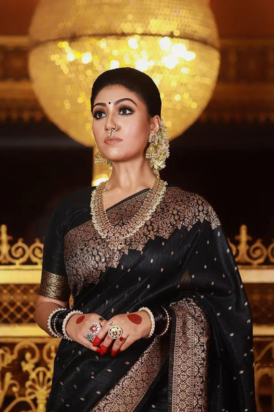 Outstanding Black Soft Banarasi Silk Saree With Angelic Blouse Piece
