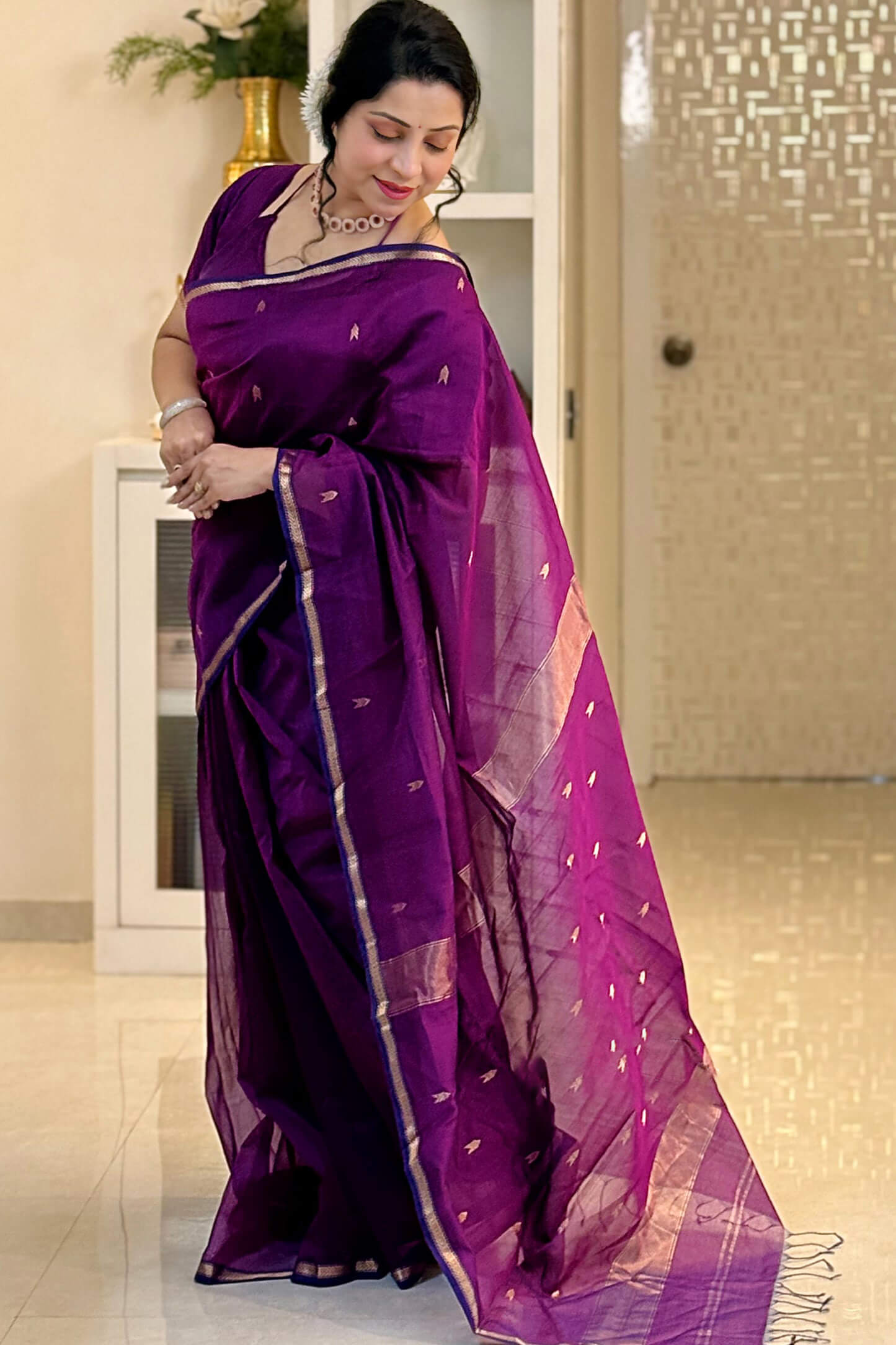 Prettiest Purple Cotton Silk Saree With Glorious Blouse Piece