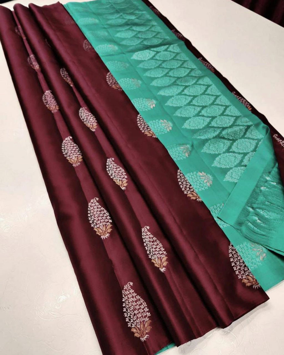 Women's Silk Blend Maroon Woven Design Designer Saree With Blouse Piece