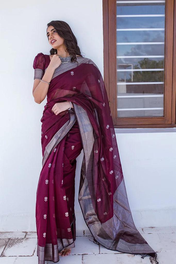 Staggering Wine Cotton Silk Saree With Ratatouille Blouse Piece