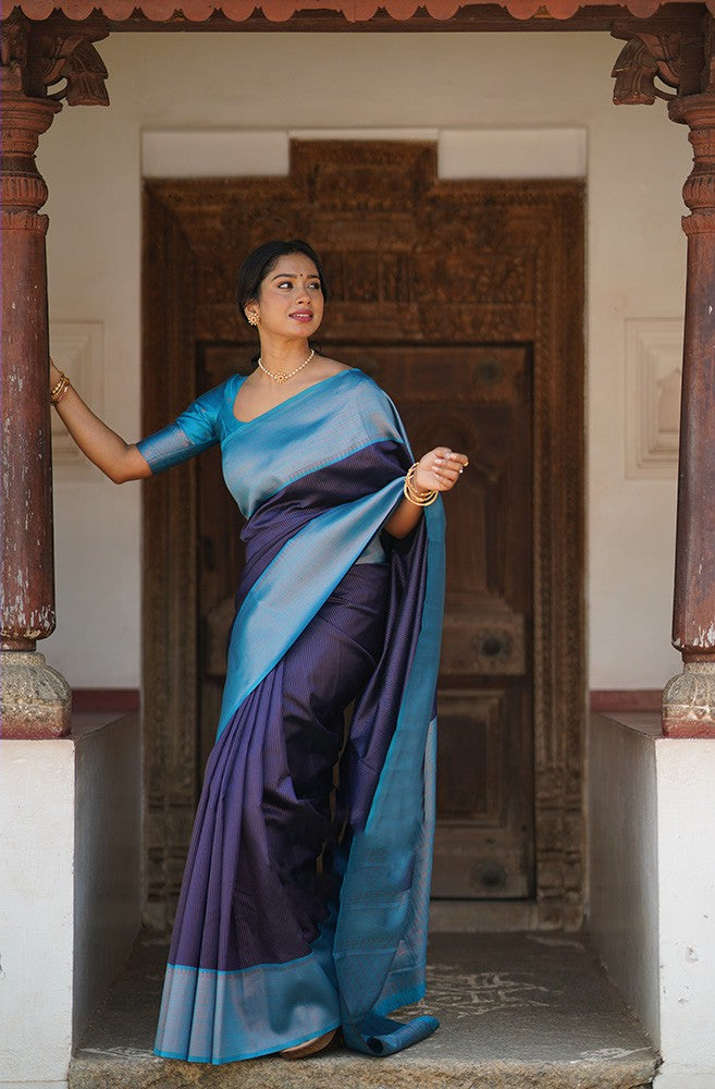 Precious Navy Blue Soft Silk Saree With Extraordinary Blouse Piece
