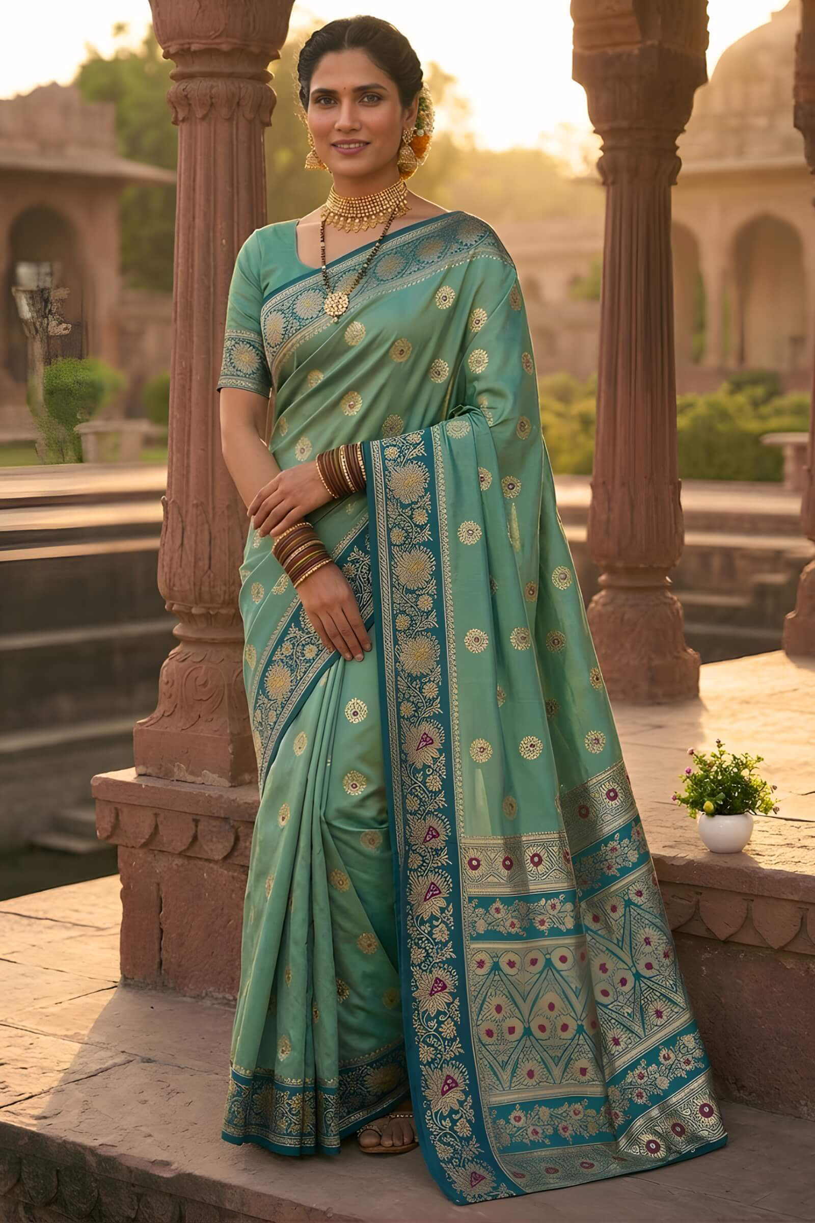Imaginative Sea Green Pure Zari Weaving Banarasi Silk Saree With Stunning Blouse Piece