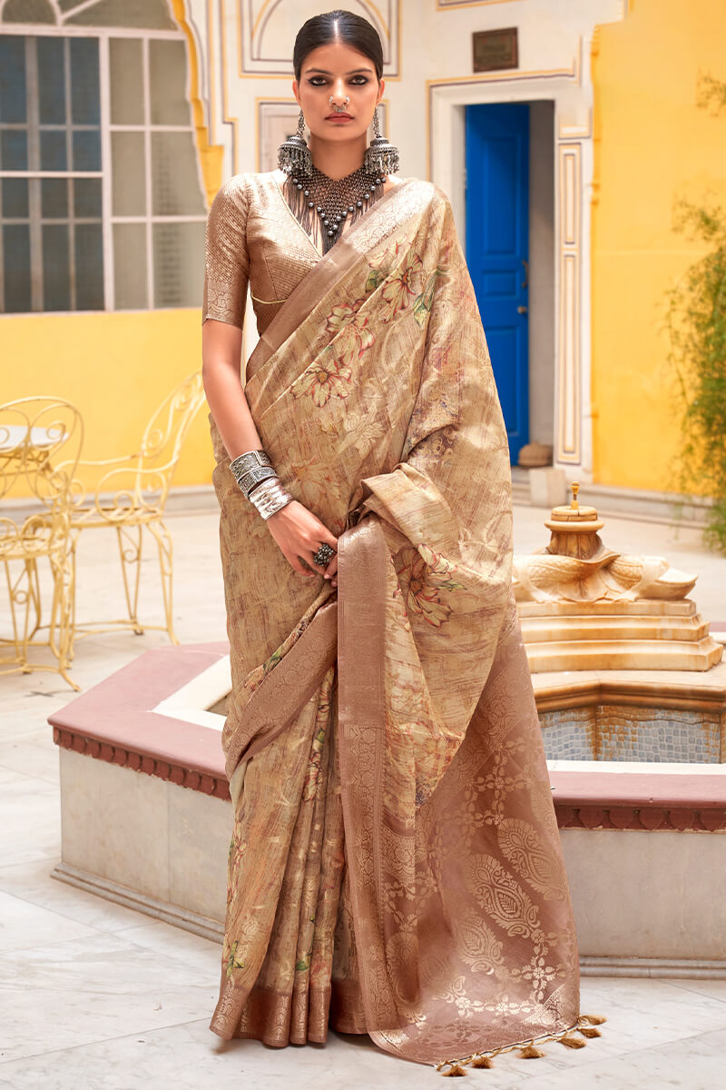 Opulent Brown Digital Printed Cotton Silk Saree With Nebula Blouse Piece