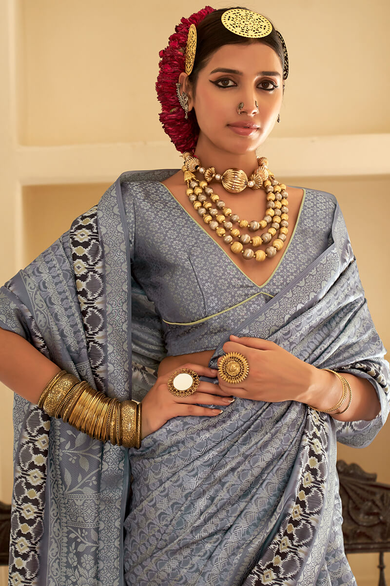 Trendy Silver Digital Printed Soft Silk Saree With Glorious Blouse Piece