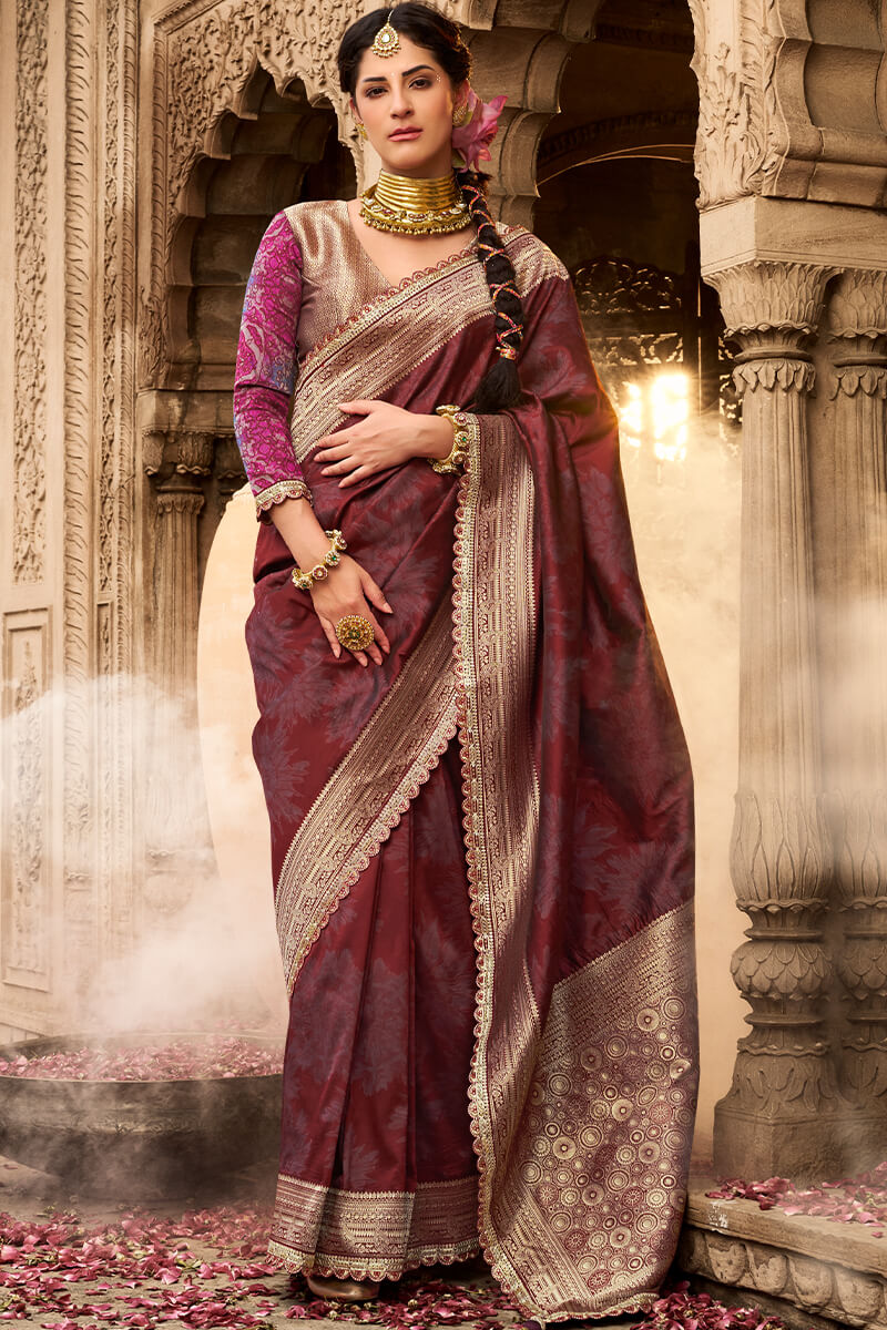 Exuberant Wine Soft Banarasi Silk Saree With Bewitching Blouse Piece