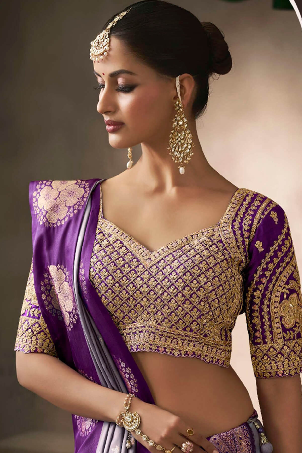 Desuetude Lavender Banarasi Satin Silk Saree With Breathtaking Blouse