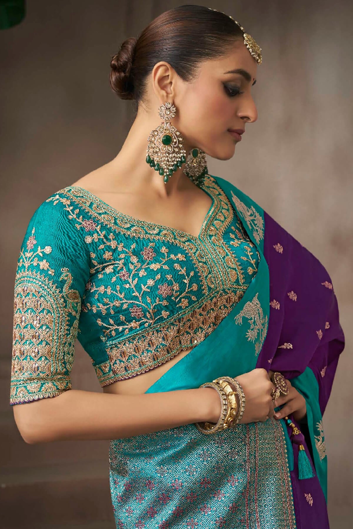 Exceptional Purple Banarasi Satin Silk Saree With Elision Blouse