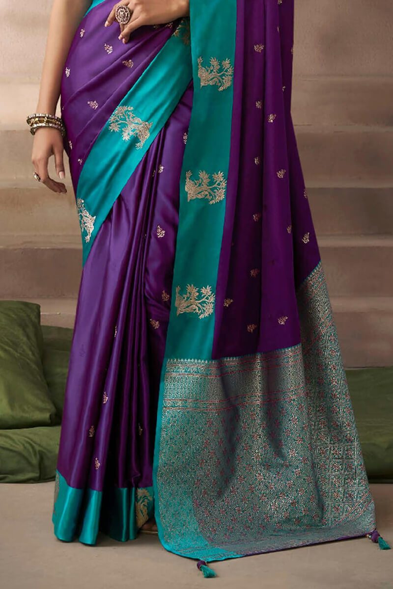 Exceptional Purple Banarasi Satin Silk Saree With Elision Blouse