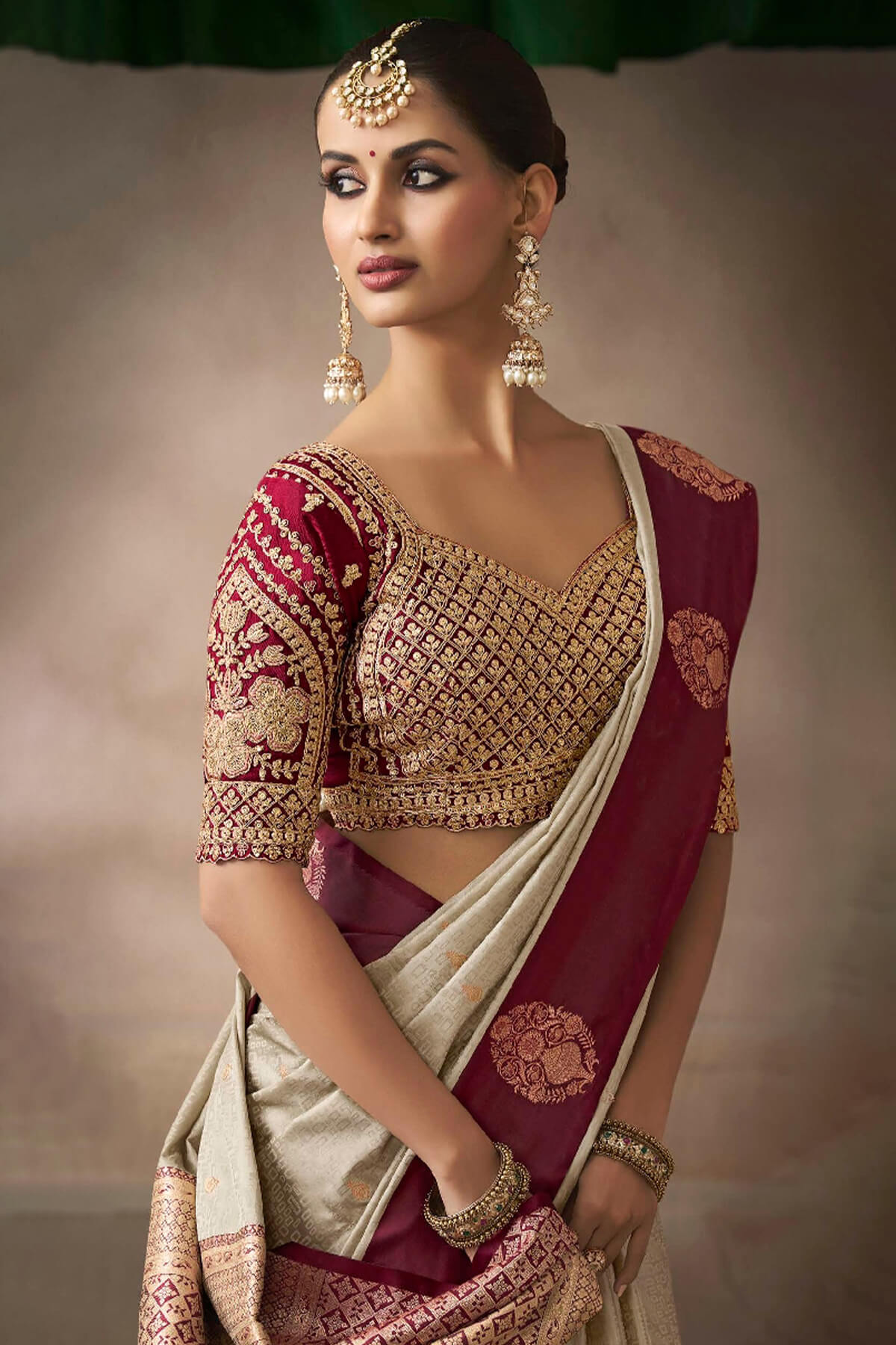 Super extravagant Beige Banarasi Satin Silk Saree With Eloquence Blouse