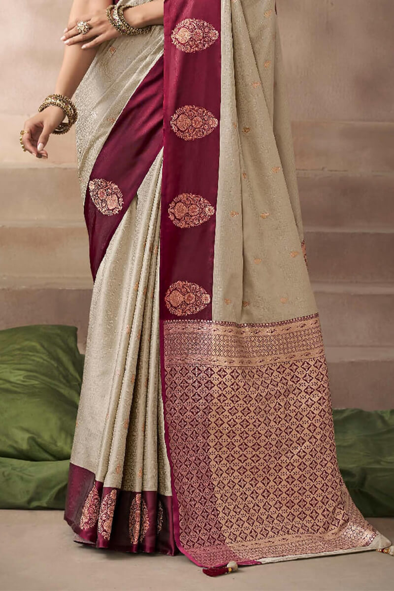 Super extravagant Beige Banarasi Satin Silk Saree With Eloquence Blouse