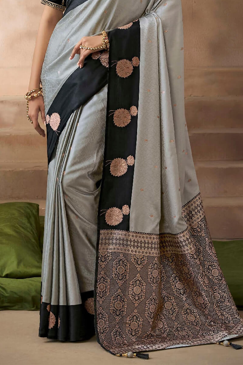 Resonant Grey Banarasi Satin Silk Saree With Enigmatic Blouse