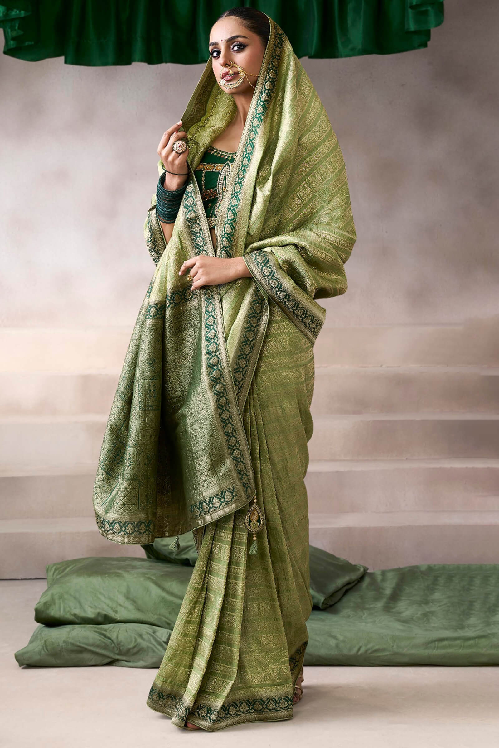 Flamboyant Green Banarasi Satin Silk Saree With Traditional Blouse