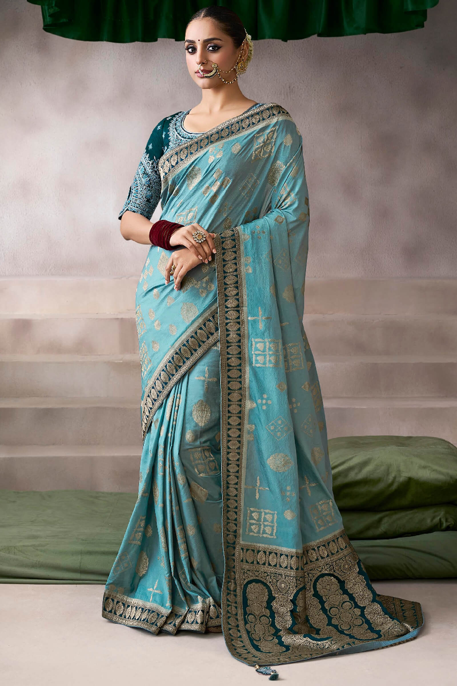Stylish Firozi Banarasi Satin Silk Saree With Exuberant Blouse