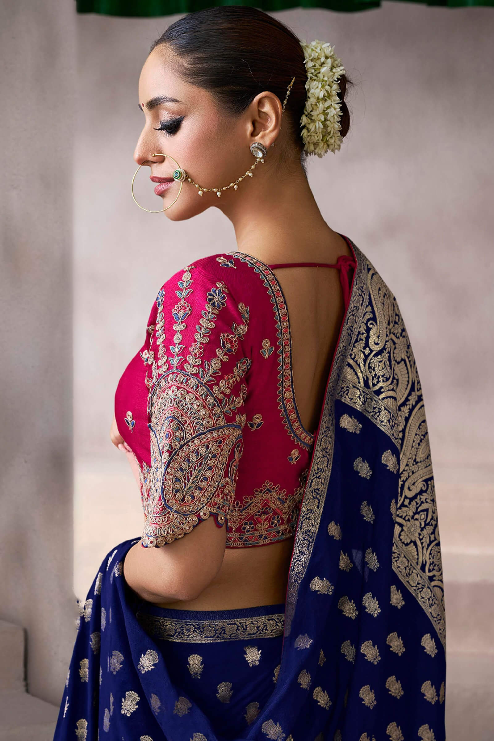 Denouement Navy Blue Banarasi Satin Silk Saree With Lissome Blouse