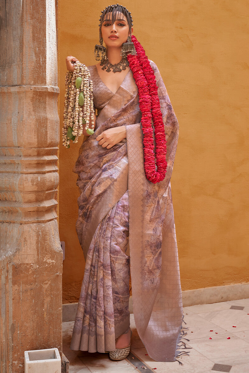 Divine Brown Digital Printed Cotton Silk Saree With Dalliance Blouse Piece