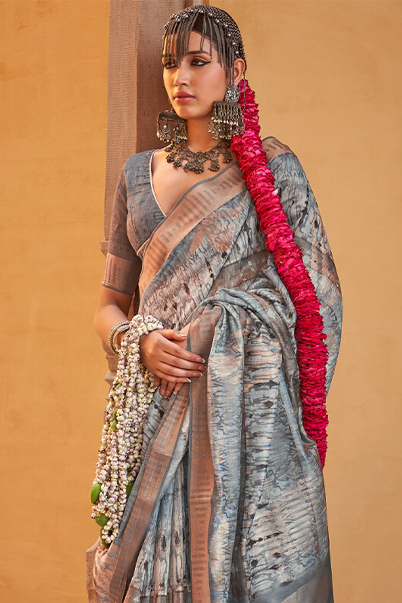 Skinny Grey Digital Printed Cotton Silk Saree With Gratifying Blouse Piece