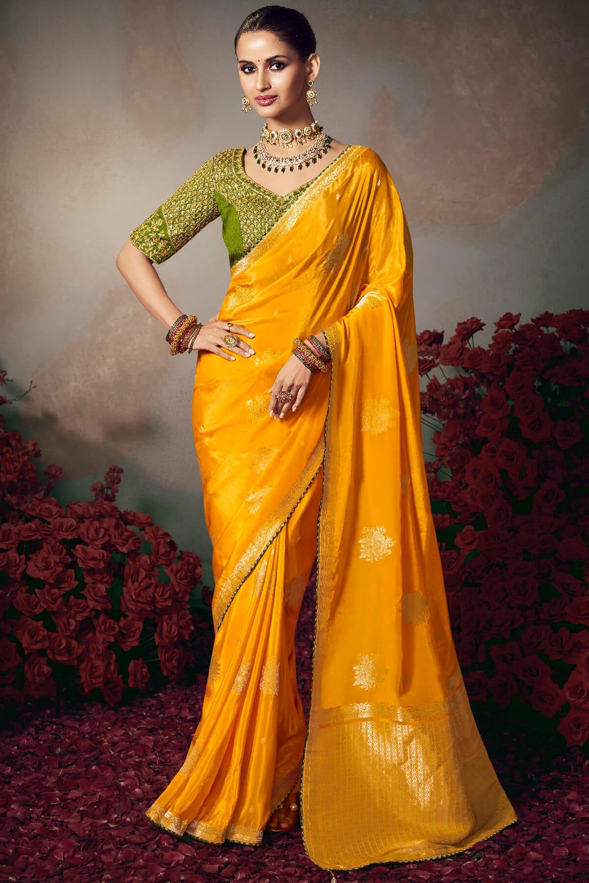 Staggering Yellow Banarasi Silk Saree With Embroidery Blouse Piece