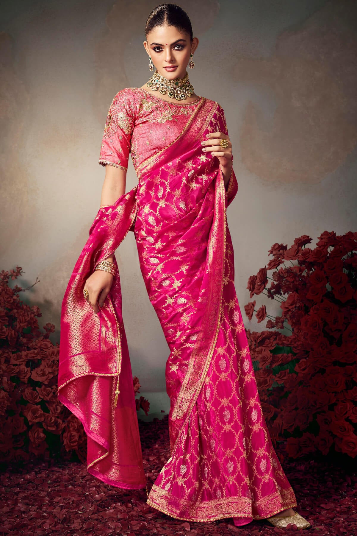 Intricate Dark Pink Banarasi Silk Saree With Embroidery Blouse Piece