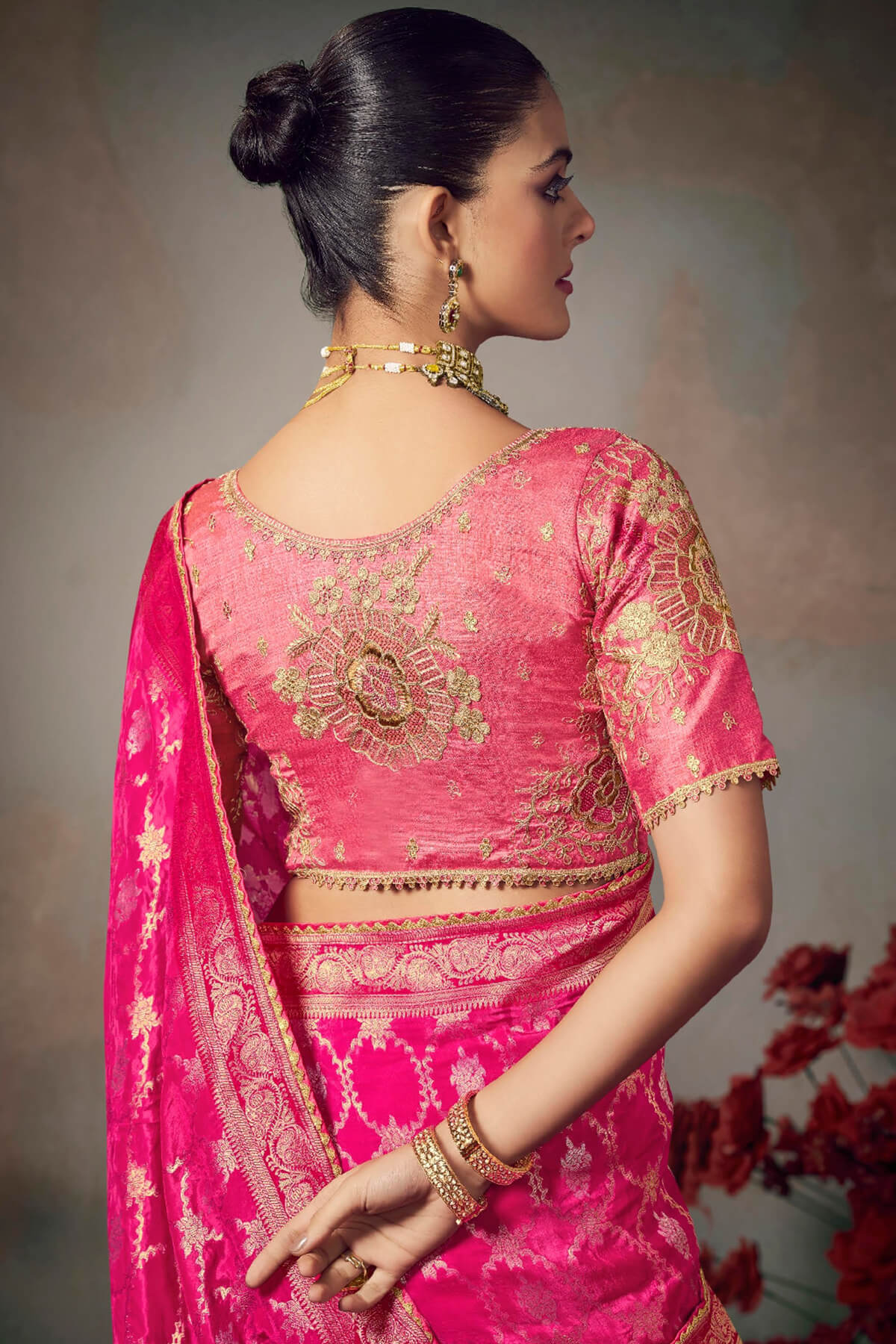 Intricate Dark Pink Banarasi Silk Saree With Embroidery Blouse Piece