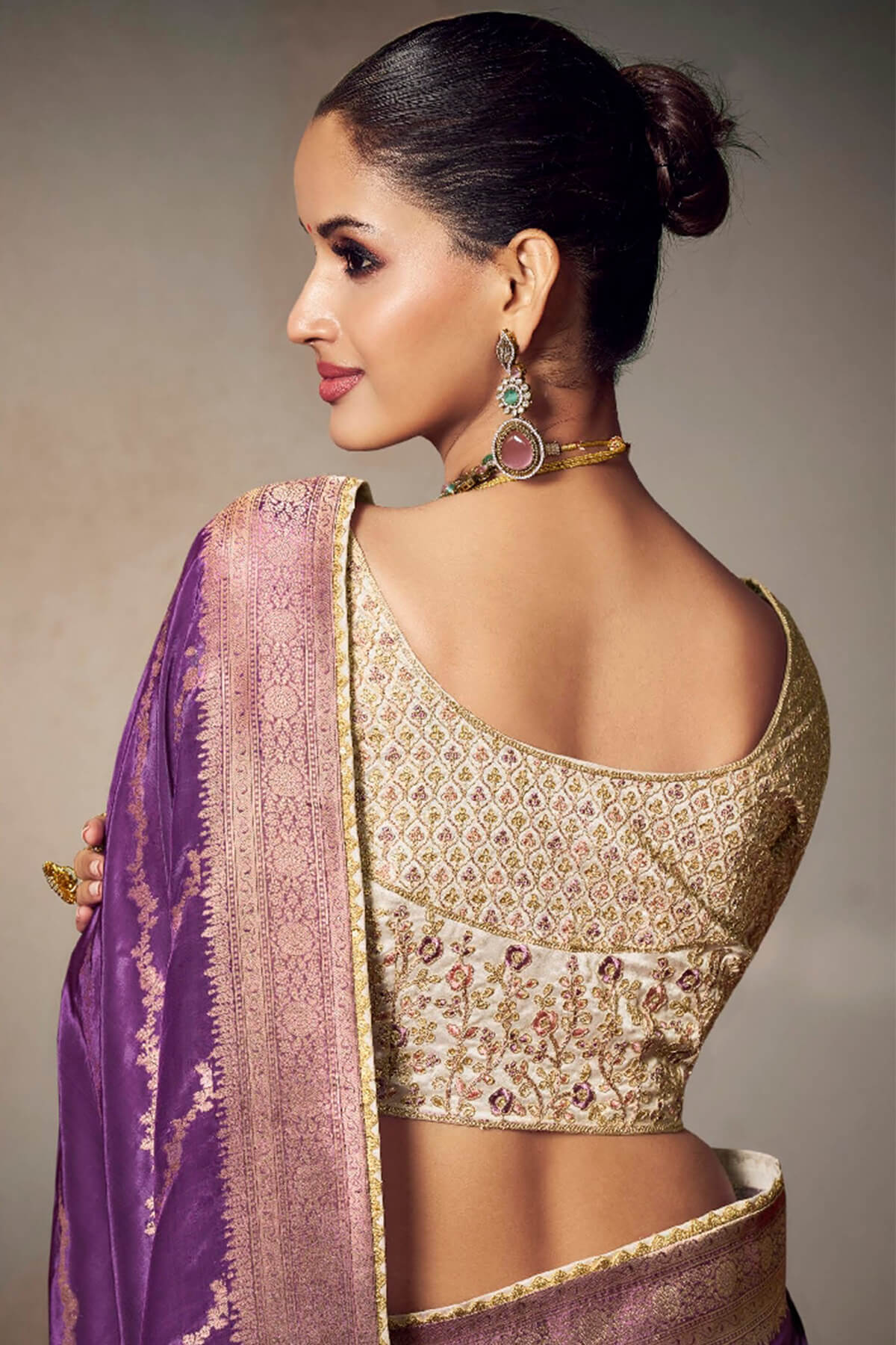 Gleaming Purple Banarasi Silk Saree With Embroidery Blouse Piece