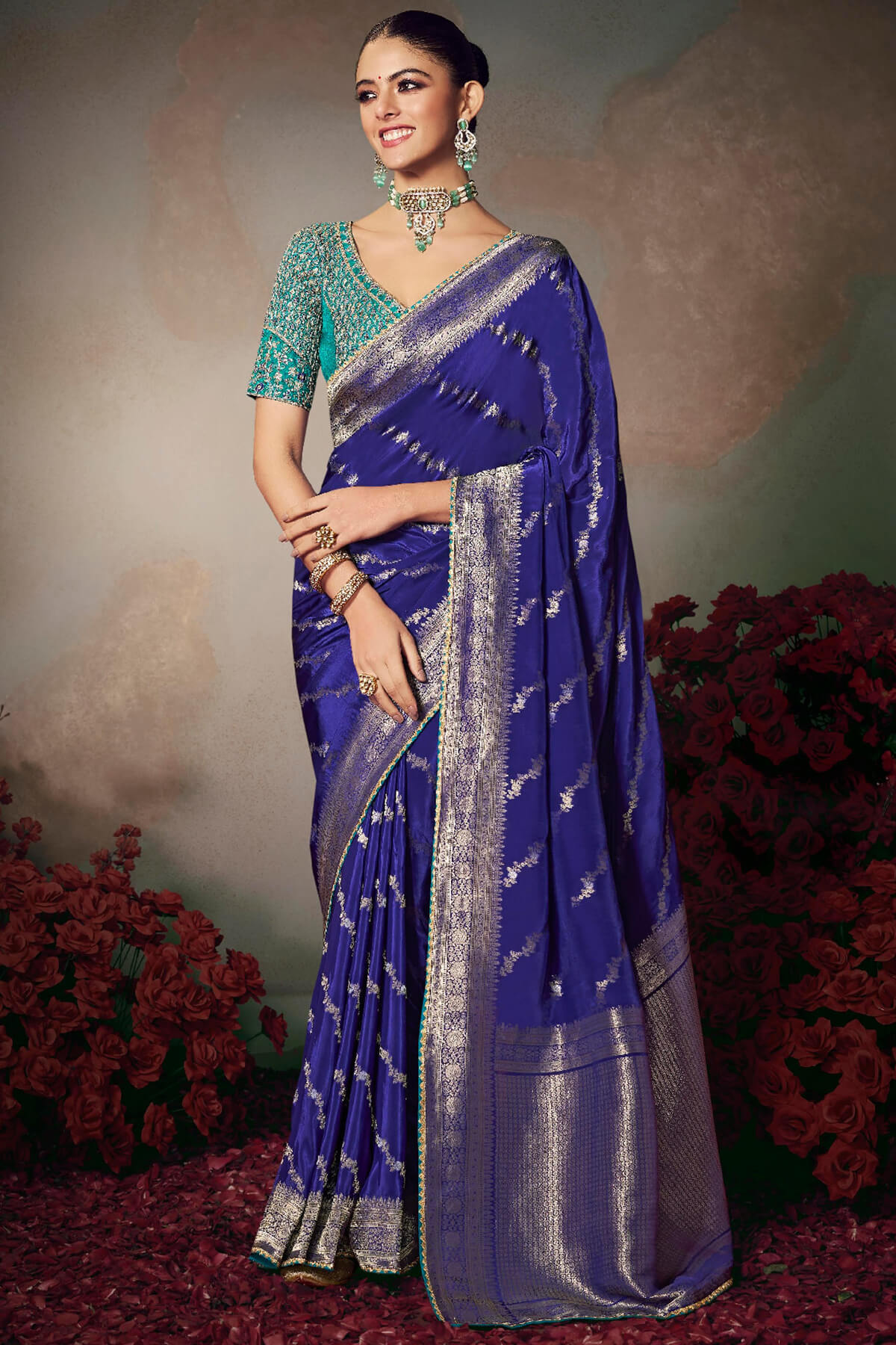 Jubilant Royal Blue Banarasi Silk Saree With Embroidery Blouse Piece