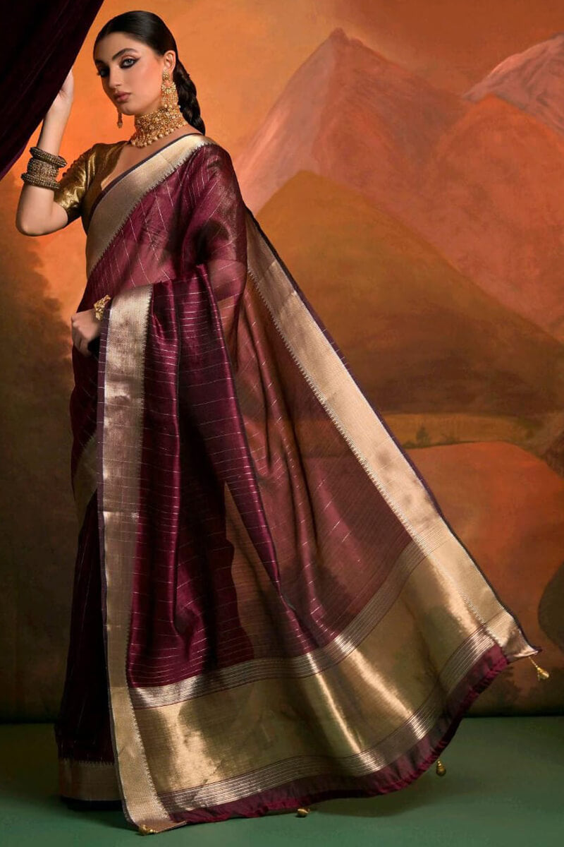 Quixotic Wine Soft Banarasi Silk Saree With Excellent Blouse Piece