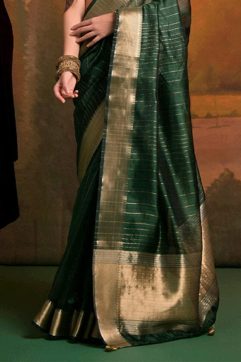 Exquisite Dark Green Soft Banarasi Silk Saree With Exquisite Blouse Piece