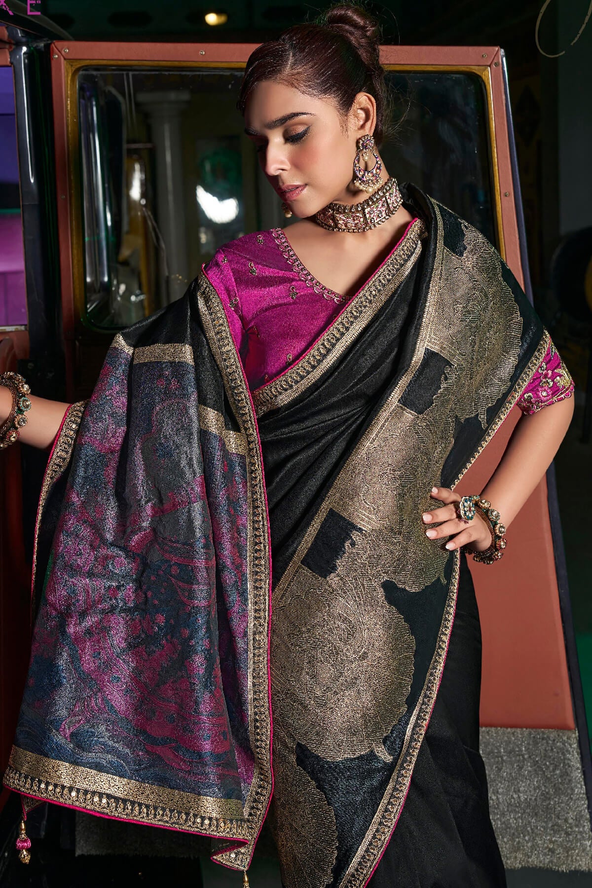 Alluring Black Banarasi Satin Silk Saree With Adoring Blouse