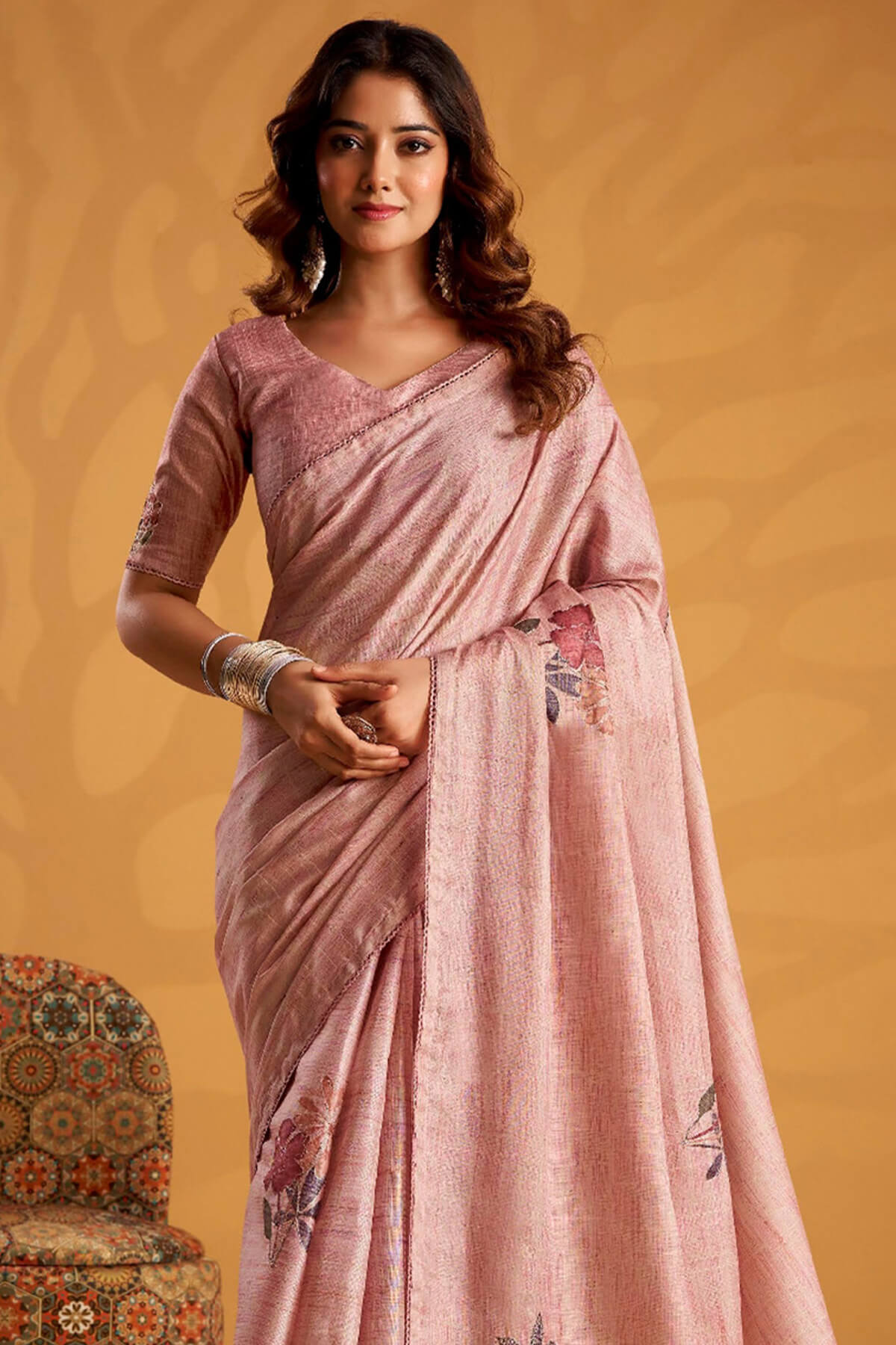Mesmeric Pink Digital Printed Tussar Silk Saree With Admirable Blouse Piece