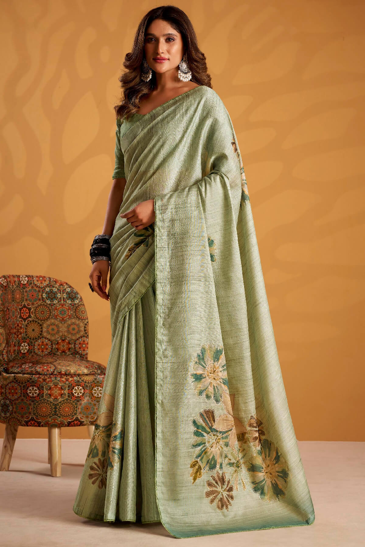 Brood Green Digital Printed Tussar Silk Saree With Incomparable Blouse Piece
