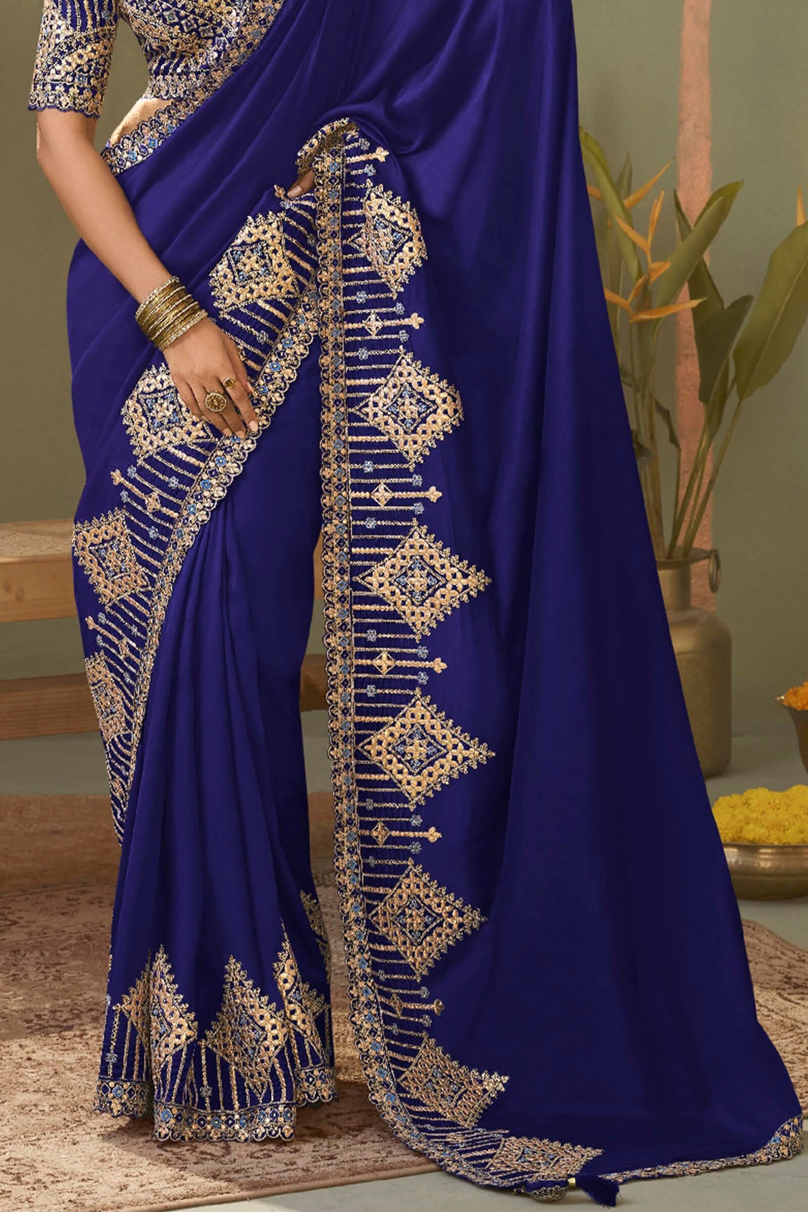 Glittering Navy Blue Soft Silk Embroidery Work Saree With Exemplary Blouse Piece