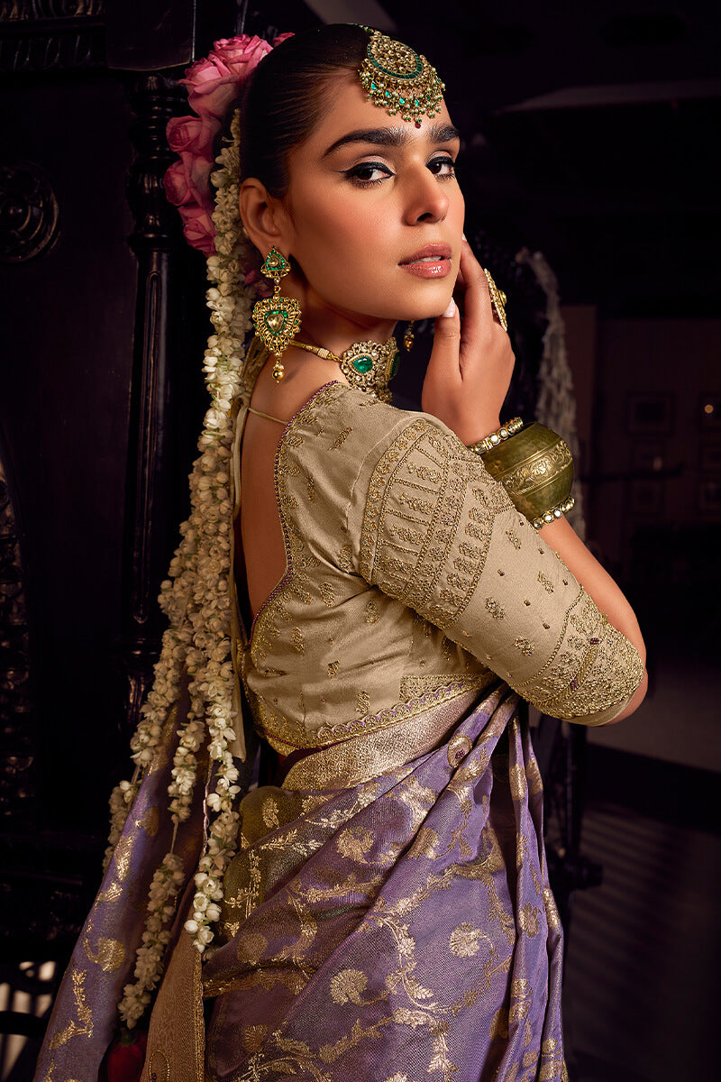 Invaluable Lavender Pure Viscose Tissue Banrasi Silk Saree With Groovy Blouse Piece