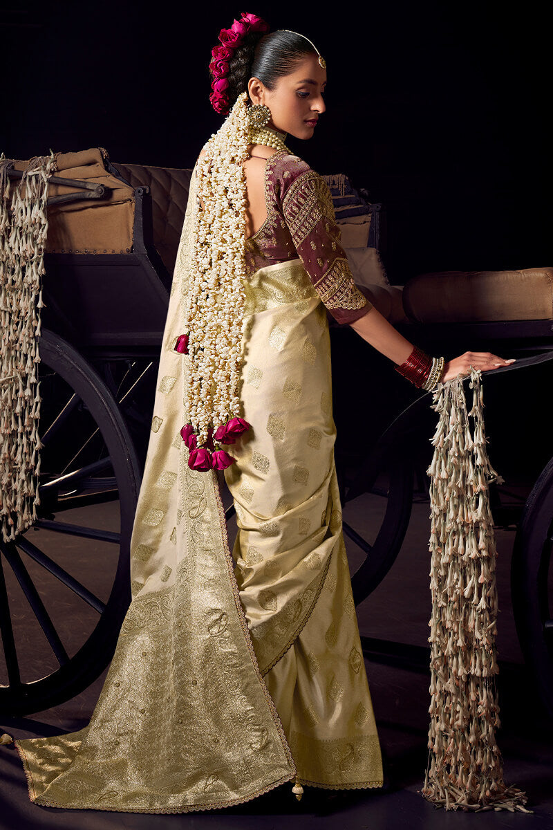 Refreshing Beige Pure Viscose Tissue Banrasi Silk Saree With Whimsical Blouse Piece