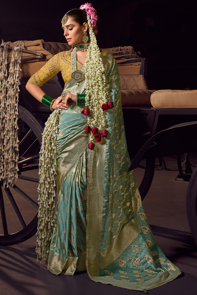 Blissful Sea Green Pure Viscose Tissue Banrasi Silk Saree With Glowing Blouse Piece