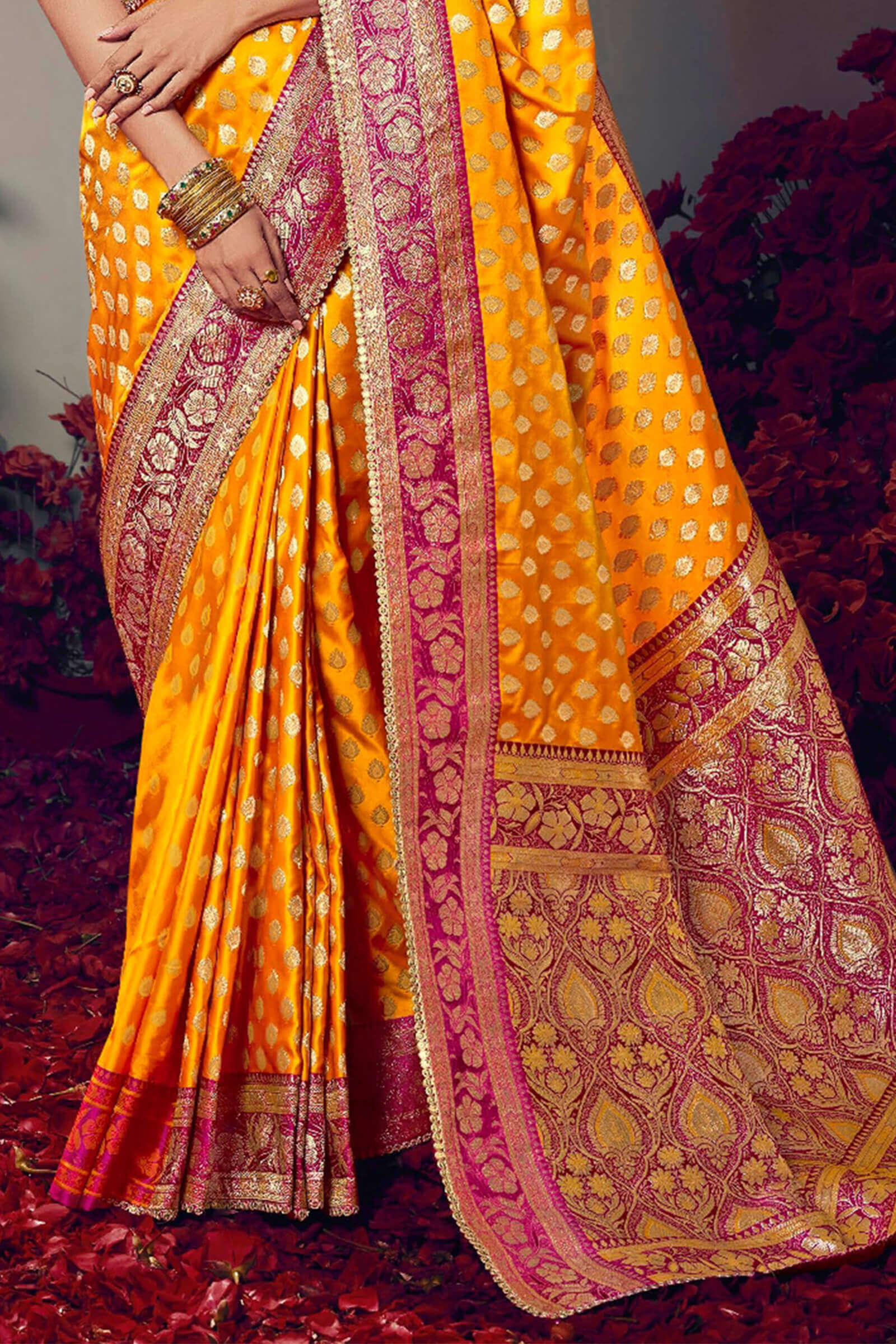 Gratifying Yellow Banarasi Satin Silk Saree With Embellished Blouse Piece