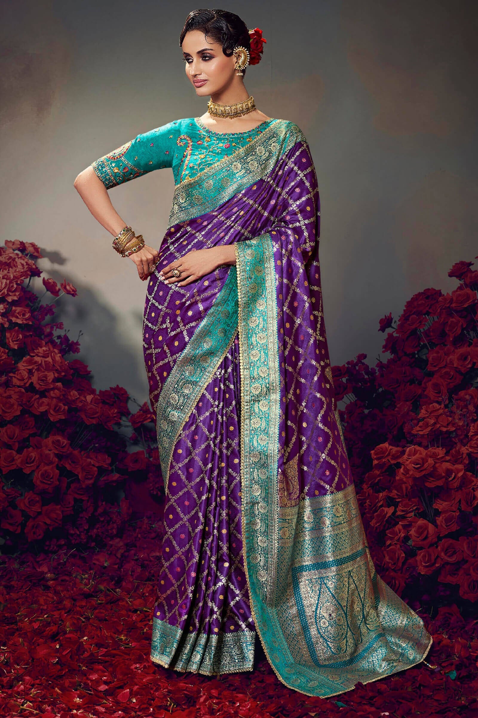 Sophisticated Purple Banarasi Satin Silk Saree With Designer Blouse Piece
