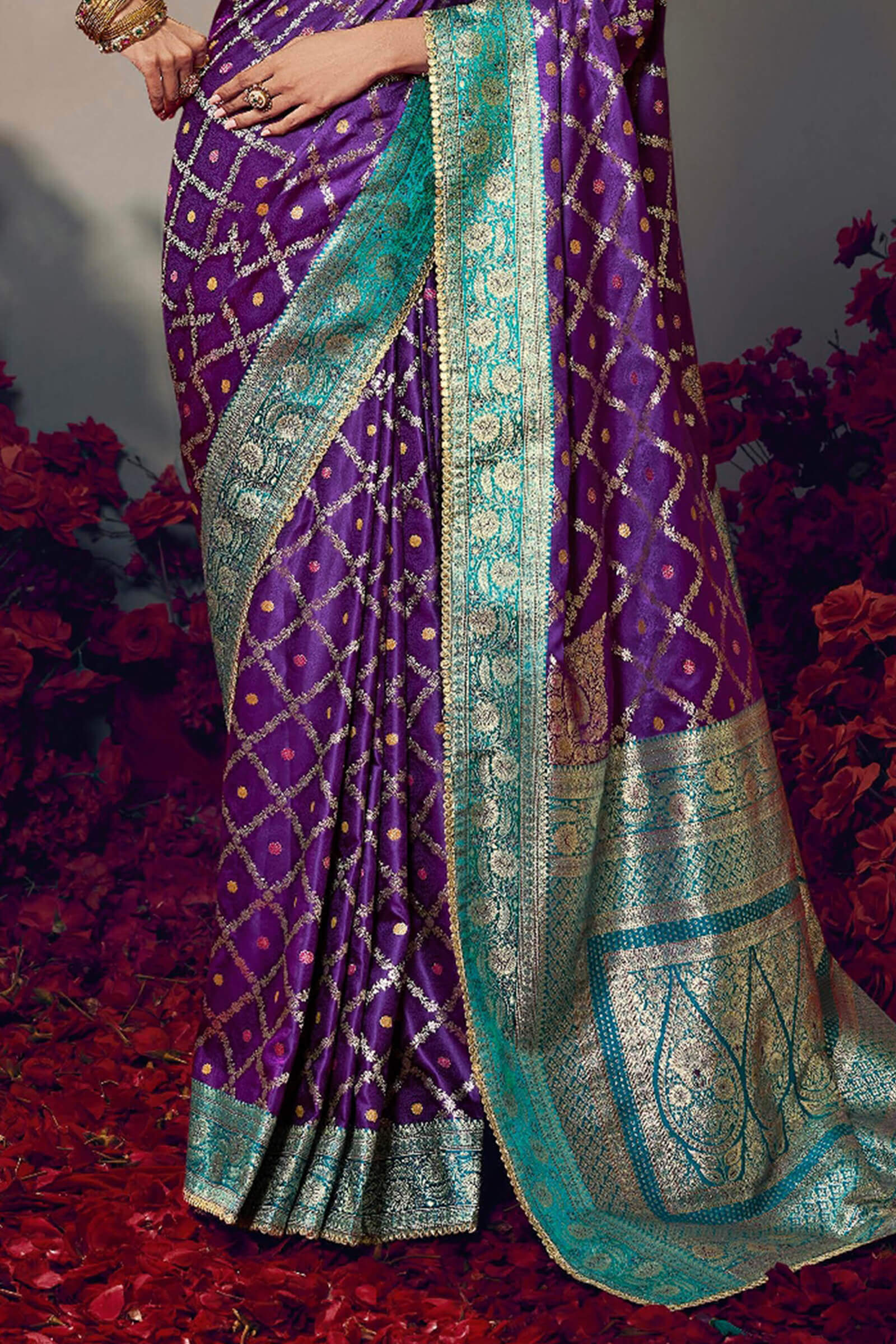 Sophisticated Purple Banarasi Satin Silk Saree With Designer Blouse Piece
