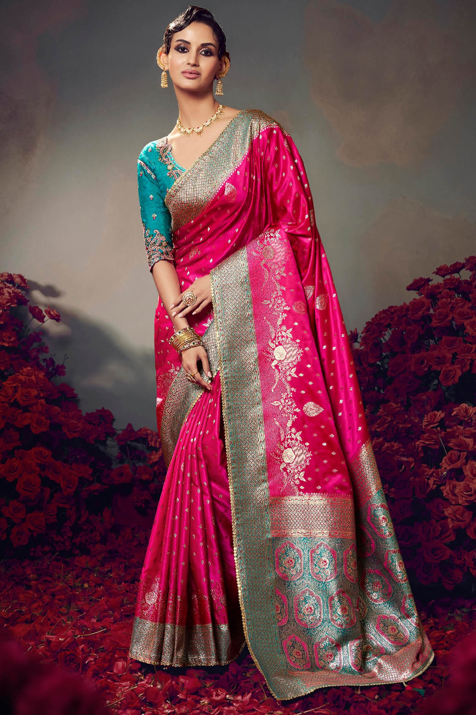 Pretty Dark Pink Banarasi Satin Silk Saree With Cynosure Blouse Piece