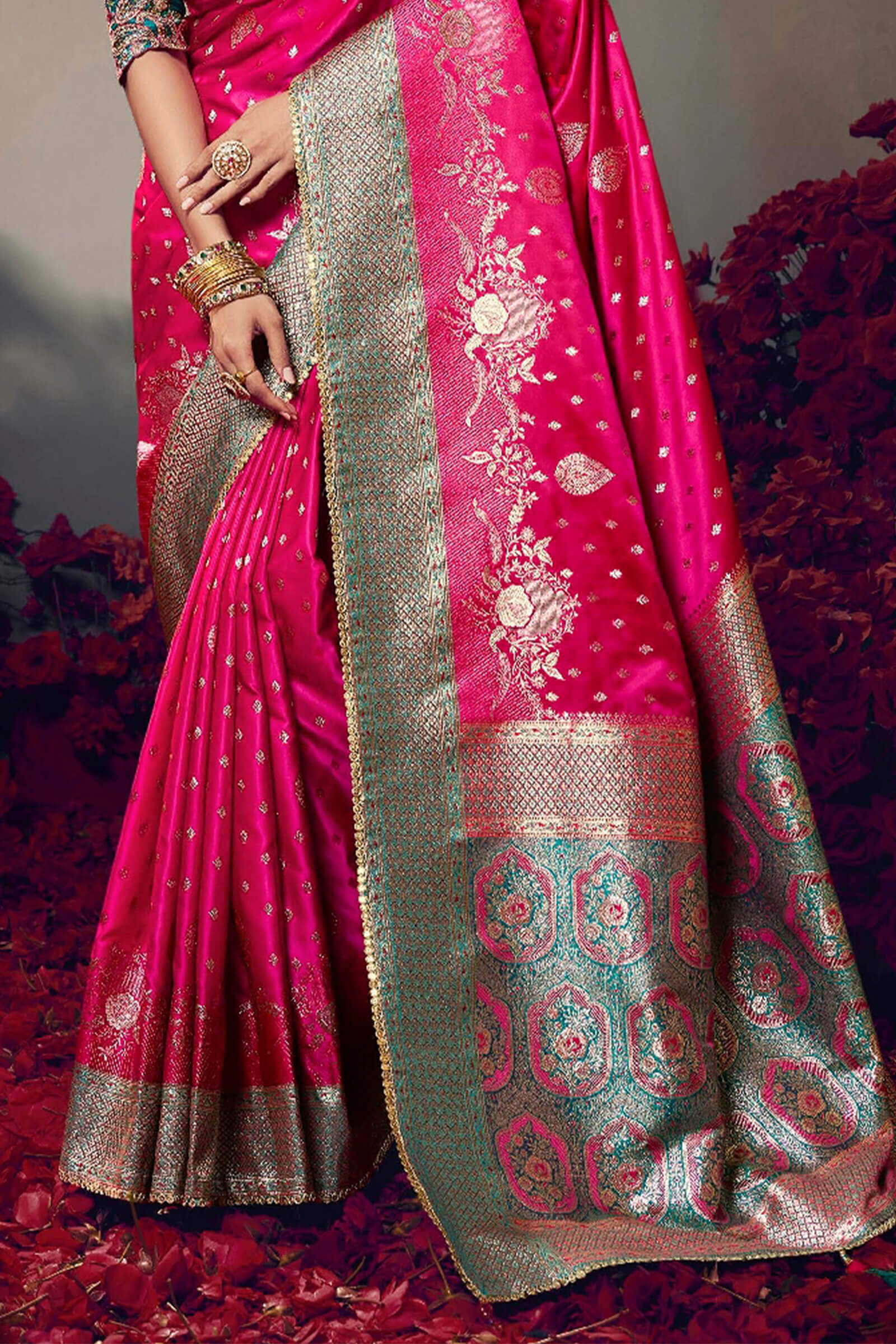 Pretty Dark Pink Banarasi Satin Silk Saree With Cynosure Blouse Piece