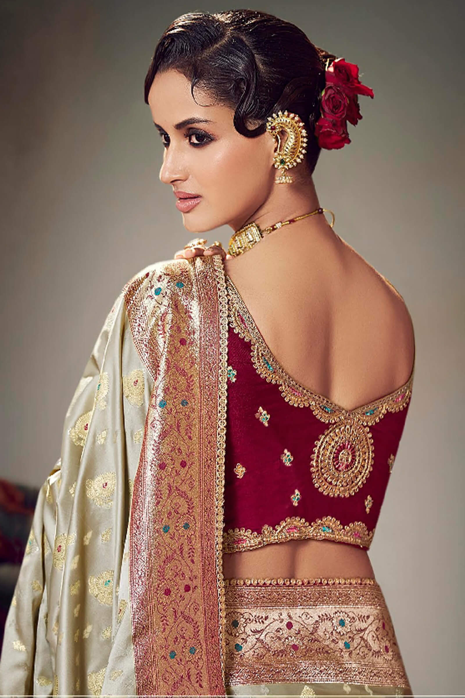 Nebula Beige Banarasi Satin Silk Saree With Twirling Blouse Piece