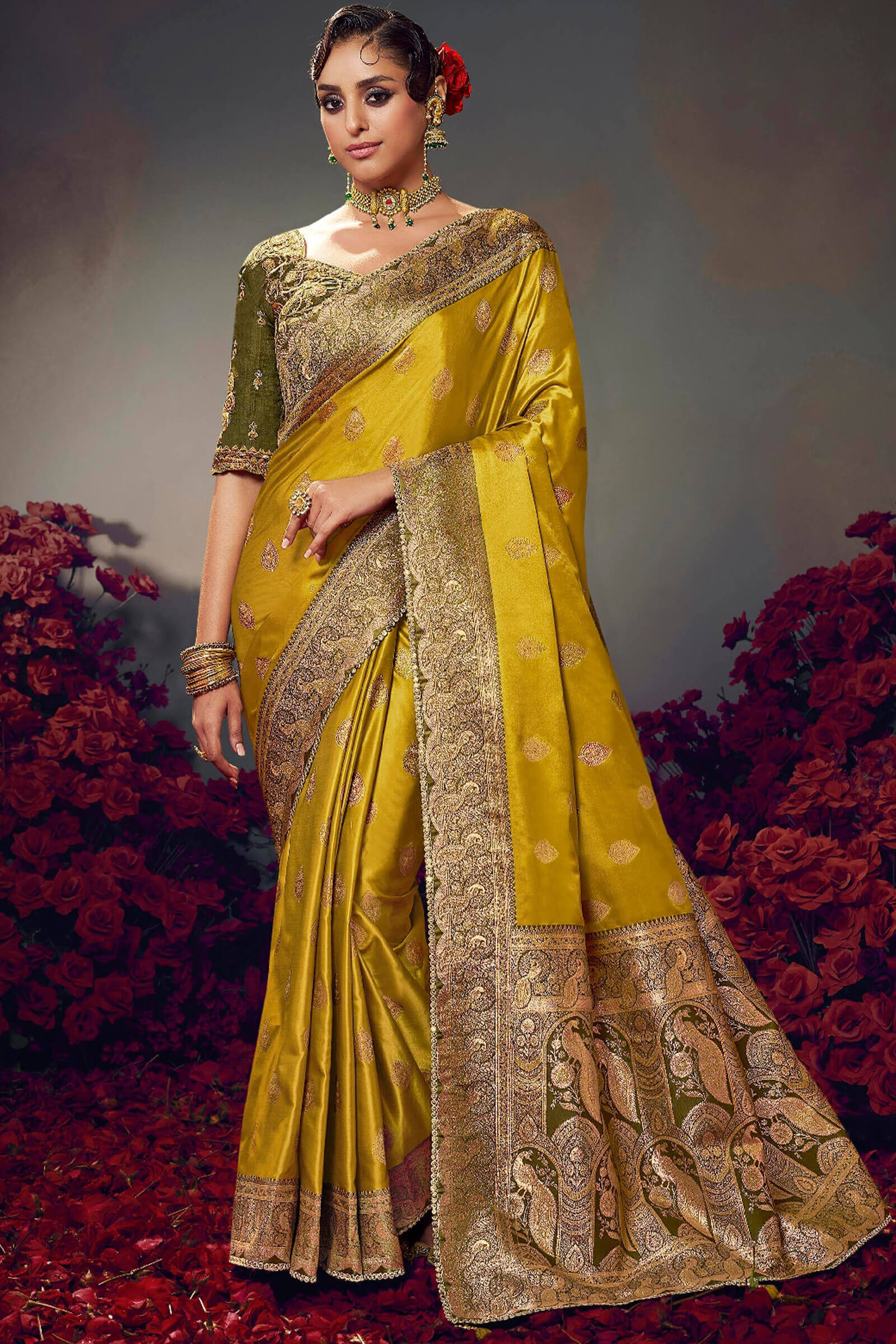 Prodigal Mustard Banarasi Satin Silk Saree With Arresting Blouse Piece