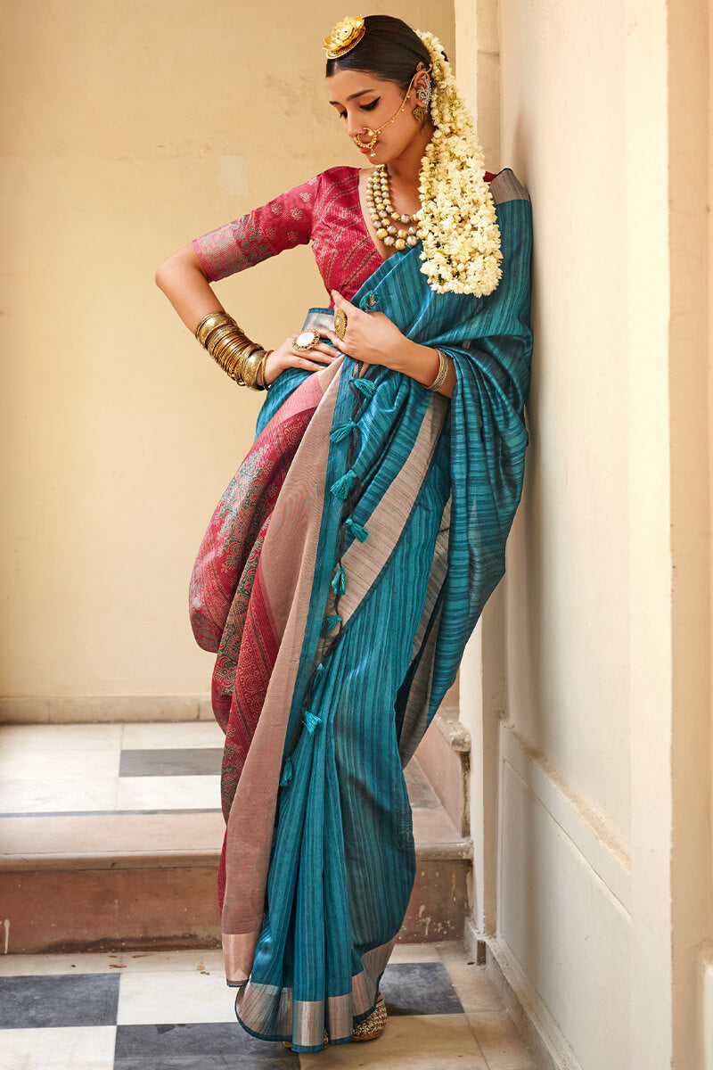Serendipity Teal Blue Cotton Silk Saree With Artistic Blouse Piece