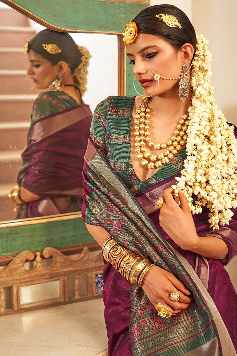 Supernal Purple Cotton Silk Saree With Dulcet Blouse Piece