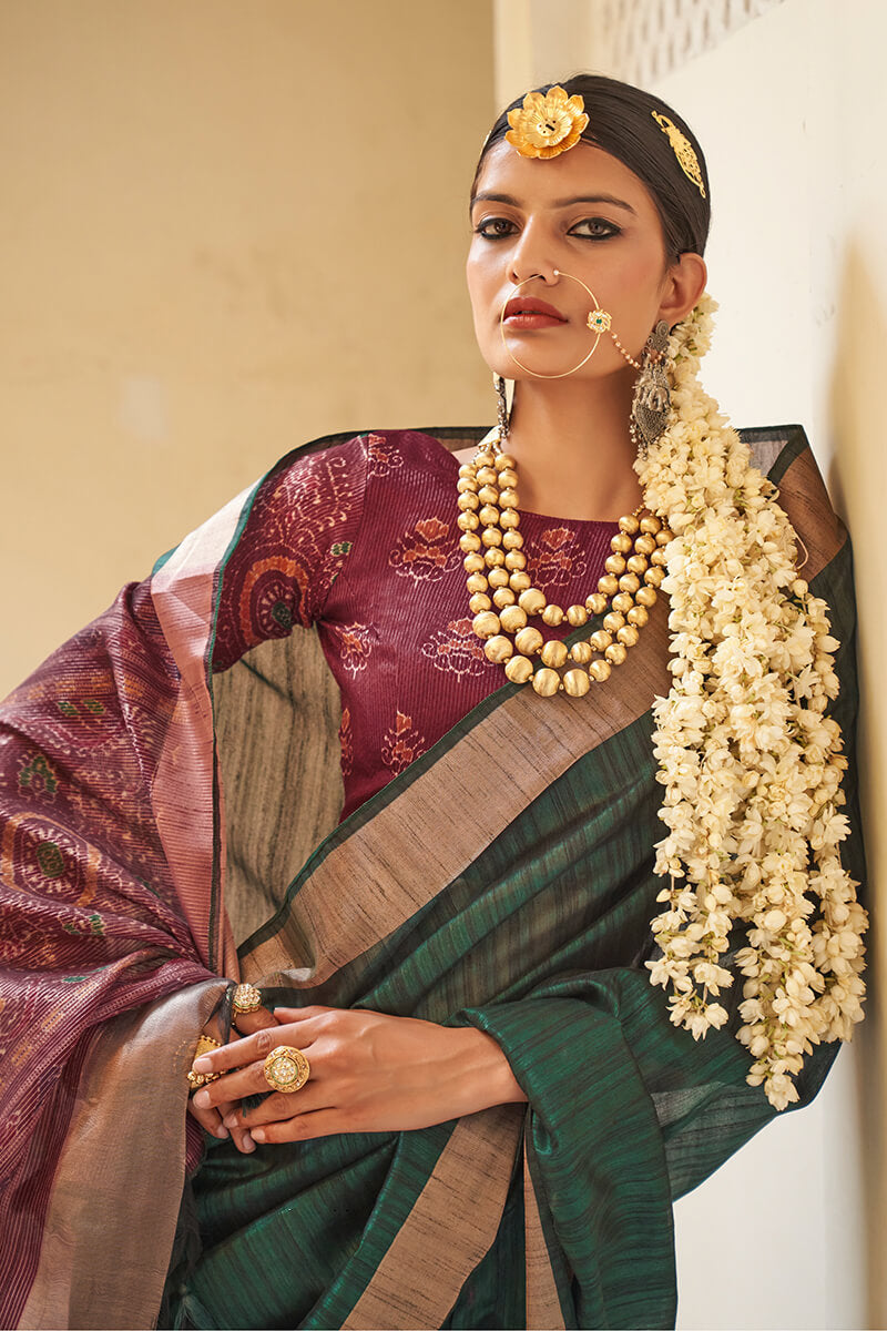 Opulent Dark Green Cotton Silk Saree With Enamoring Blouse Piece