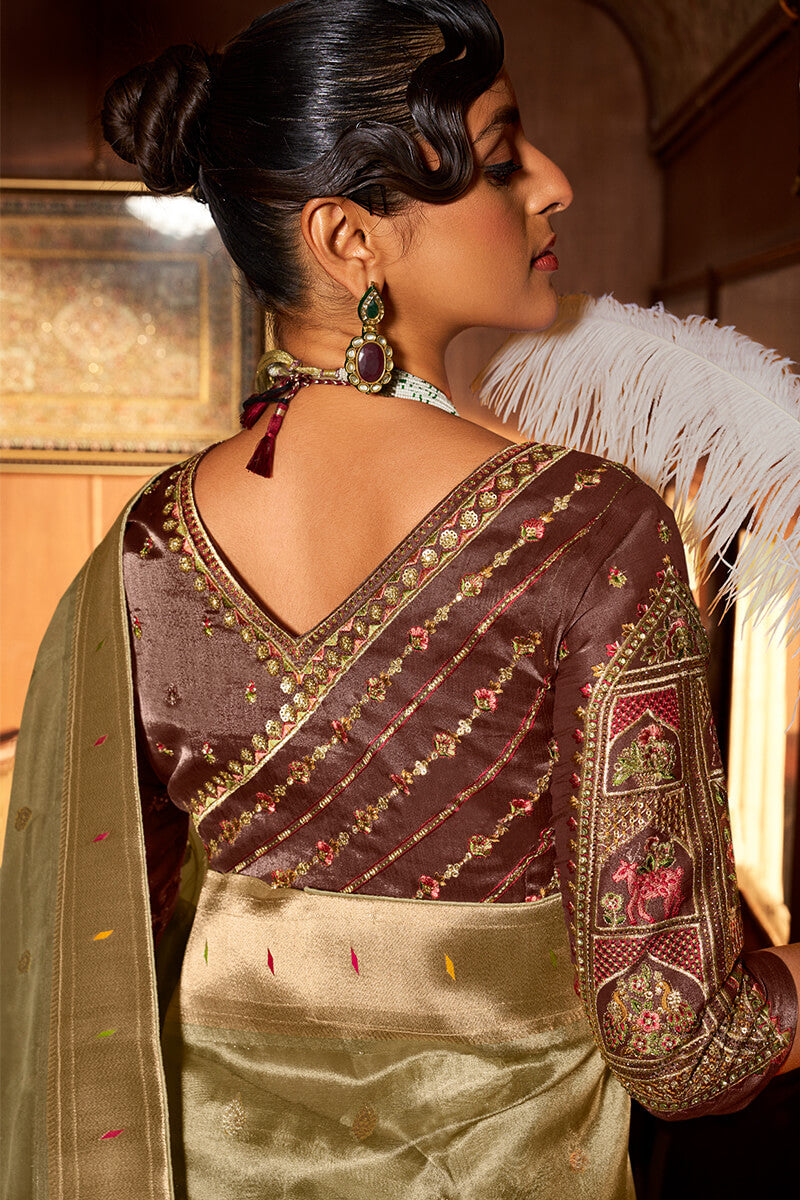 Adorable Pista Paithani Silk Saree With Ideal Blouse Piece