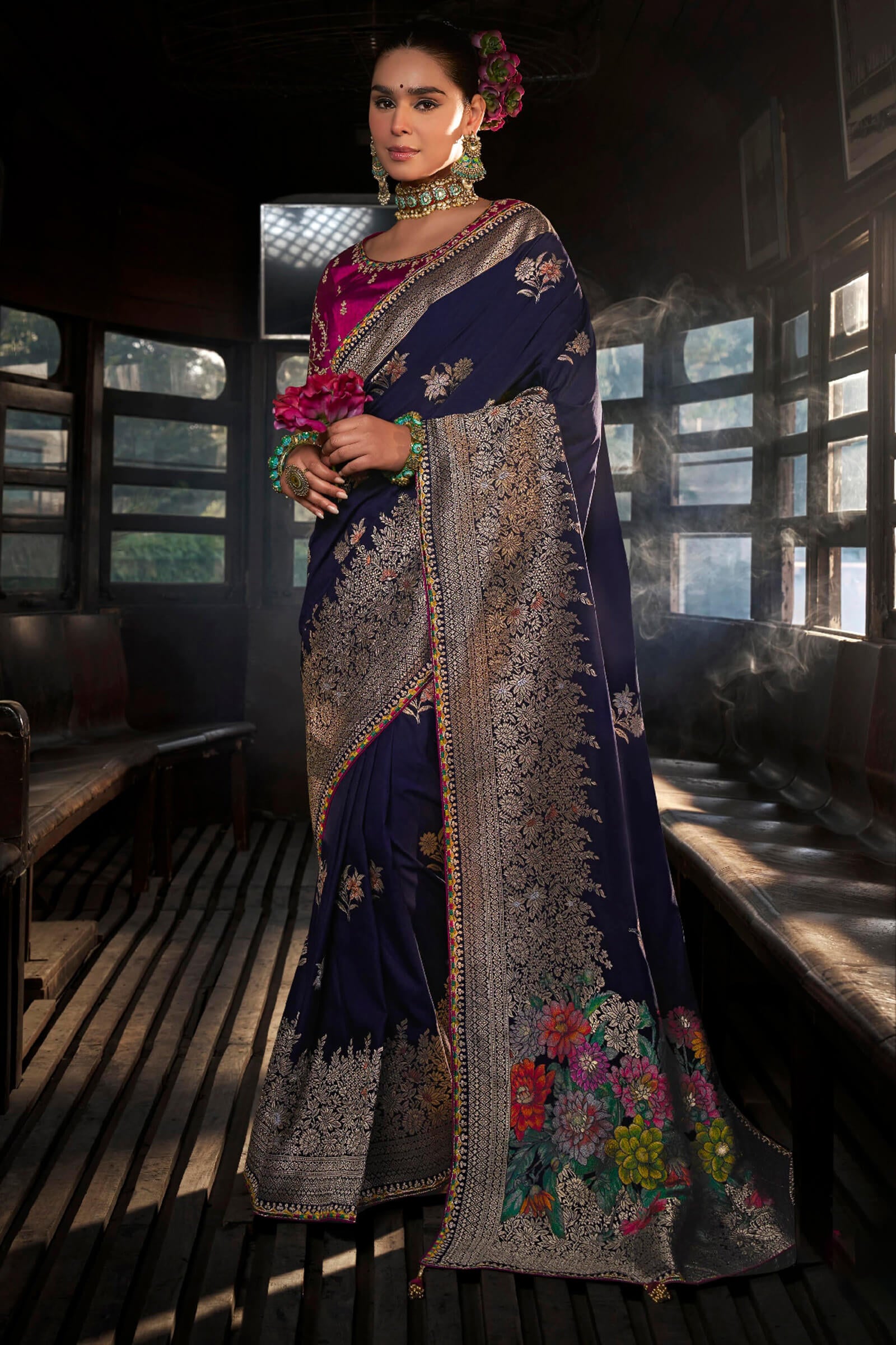 Smashing Navy Blue Pure Viscose Dola Silk Saree With Smart Blouse Piece